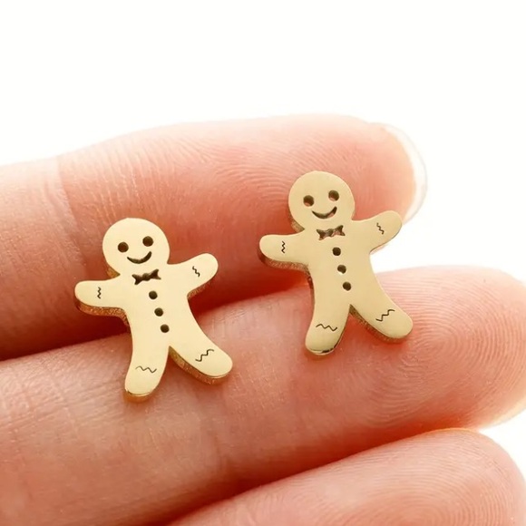 Gingerbread Man Christmas Holiday Gold Toned Stud Earrings - Picture 1 of 1